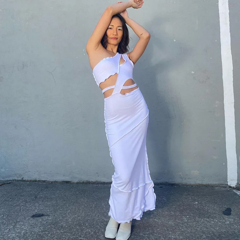 

Cut Out Sexy Midnight Clubwear Maxi Dresses Solid One Shoulder Birthday Outfit For Women Slim Bodycon Party Dress 2021, Shown