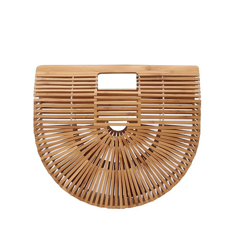 

Women fashion handbag half moon bamboo circle summer beach bamboo bag, Natural