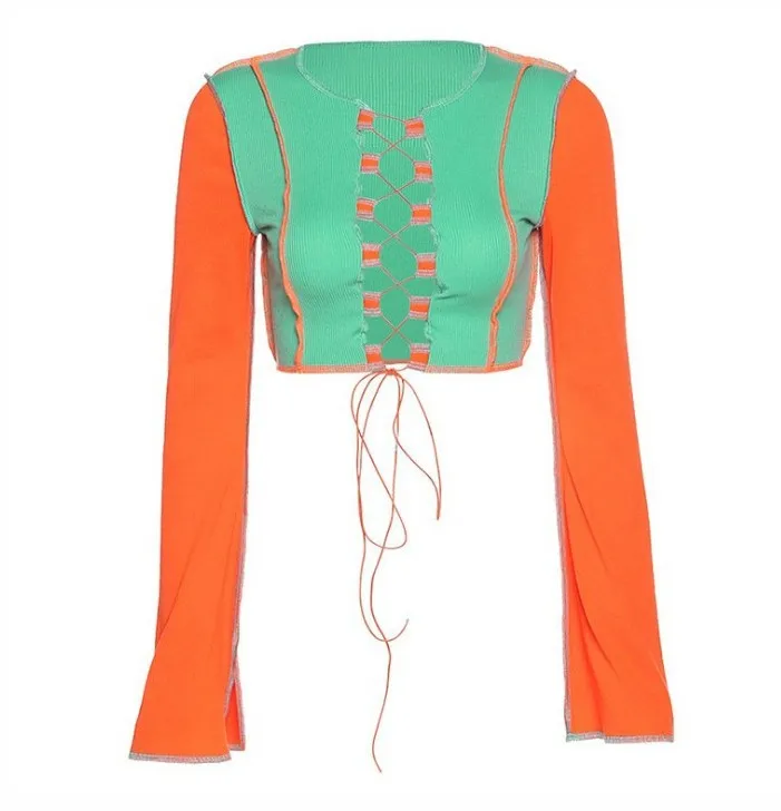 

Drawstring knitted cut top women's long sleeve T-shirt lace up sexy nightclub crop tops t-shirts women sexy, Pictures shows