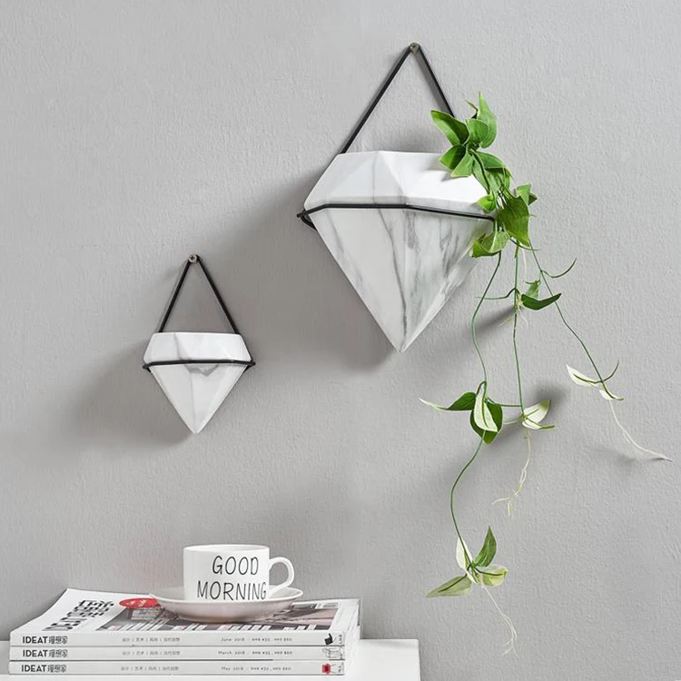 

Home Decor Geometric Shaped Marble Pattern White Ceramic Succulent Wall Hanging Flower Planter Pot, Customized color