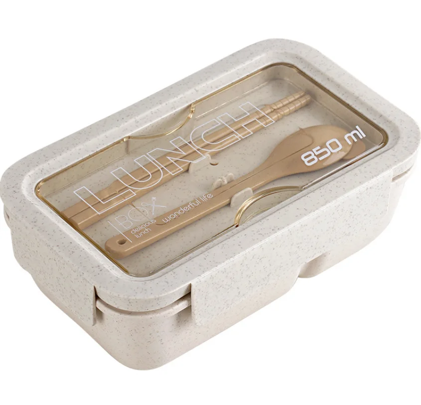 

2021 trend Wholesale Eco-Friendly School Children Wheat Straw Kids Plastic bento lunch box food container set with cutlery, Customized color acceptable