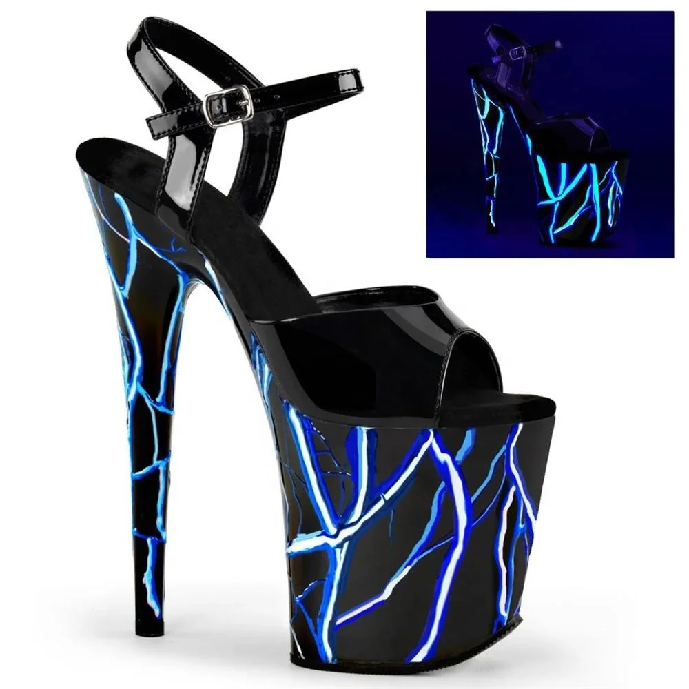 

20cm sexy black patent leather sky-high fluorescent lightning waterproof platform pole dance heels sandals