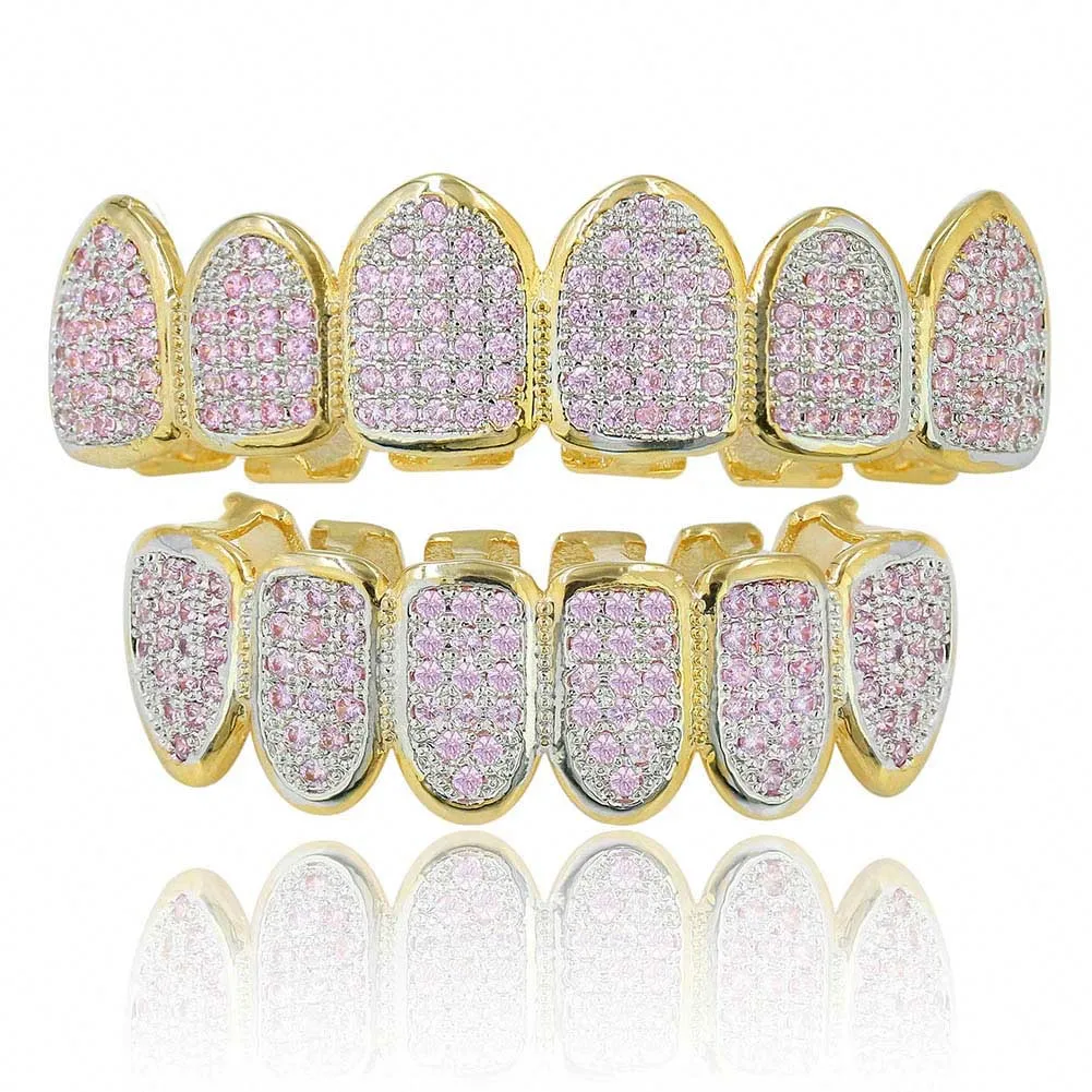 

New Custom Fit Hip Hop Gold Teeth Grillz Micro Pave Fuchsia Cubic Zirconia Top & Bottom Grills Set for Christmas Gift Women, 18k gold/white gold
