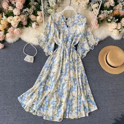 

New Arrivals Women Fashion Floral Printed Flare Sleeve Chiffon Maxi Dress