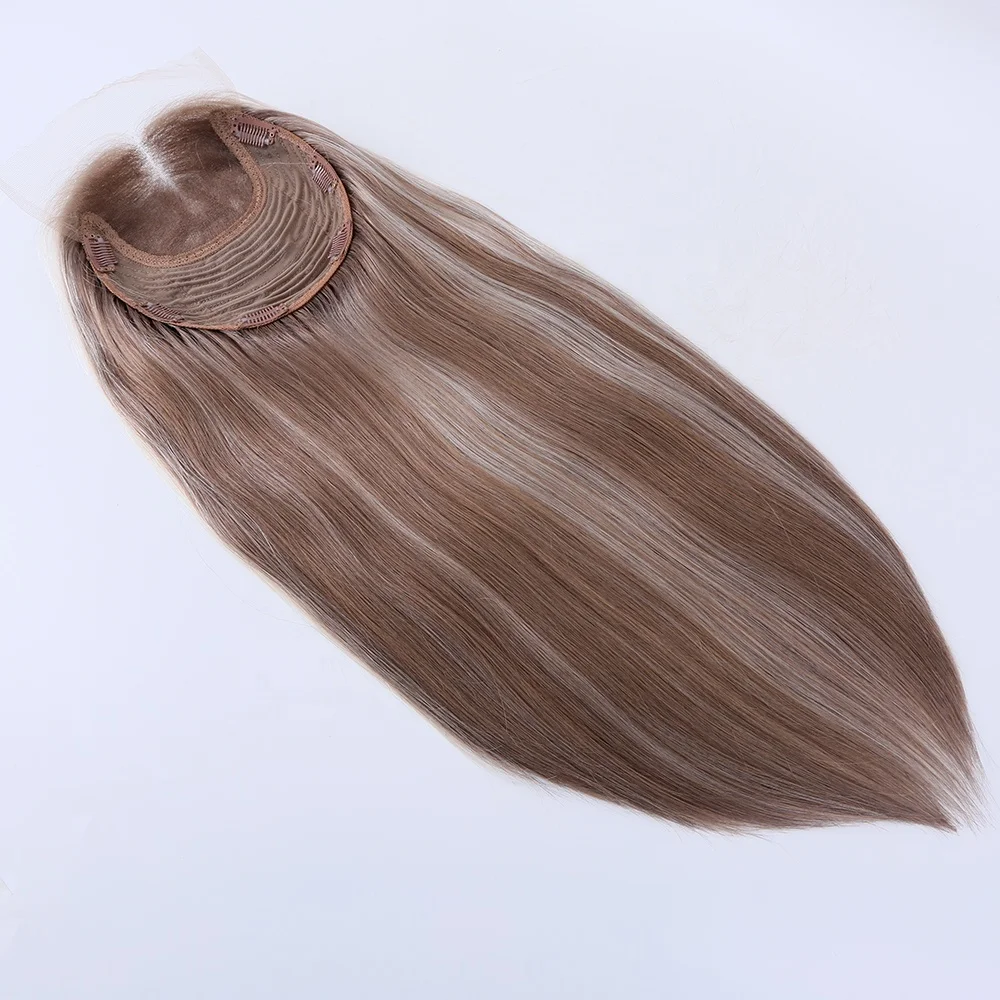 

Double Drawn Human Hair Toupee Virgin European Remy Hair Brown Highlight Color Single Knots HD Lace Top Hair Topper