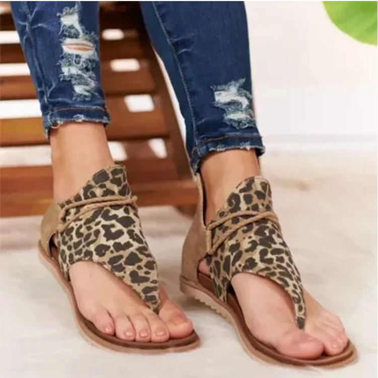 

Latest Fashion Ladies Summer Beach Snake Shoes Brown Leopard Print Flat Sandals