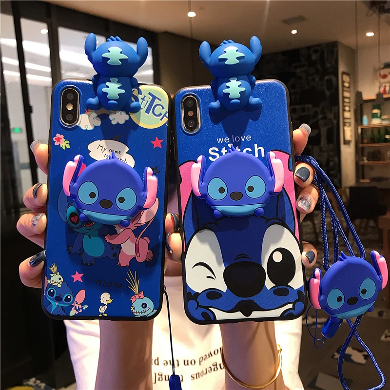 

For OPPO A92 A53 A52 A93 A5 A9 2020 F9 A7 A5s Funny Cartoon Stitch 3D Doll Holder Stand Strap Casing Cute Soft Case Cover