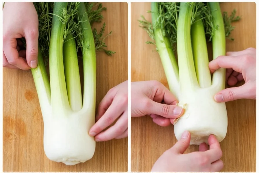 Step-by-step demonstration of removing fennel stalks and trimming the base of a fresh fennel bulb on a wooden cutting board