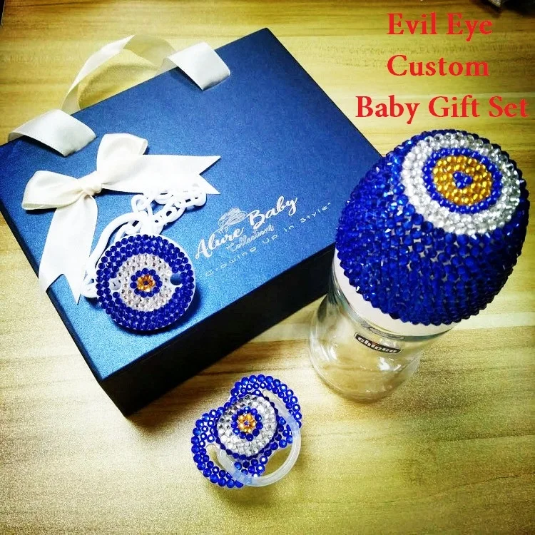 

Custom Logo Evil Eye Bling Diamond Baby Pacifier Clip + Baby Feeding Bottle Glass Bottle + Gift Box for Newborn Gift Set