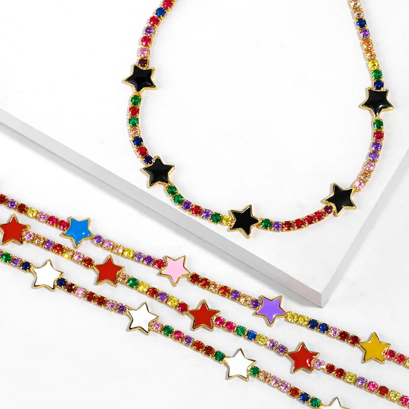 

NZ1031 New Chic Dainty Gold Minimalist Rainbow CZ Diamond with Enameled Star Charm CZ Tennis Choker Necklace