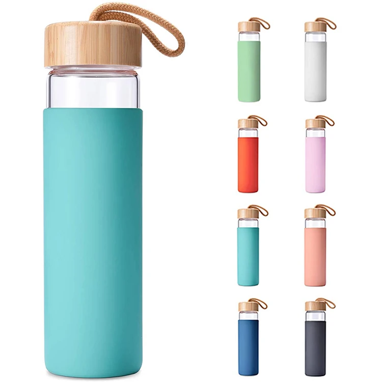 

20oz Portable Bamboo Lid Glass Water Bottle Sports Wholesale Eco Friendly Drink Bottle With Custom Logo for sale, Transparent with colorful silicone sleeve