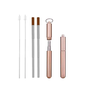 Image of Rose Gold Reusable Metal Straws, Portable Telescopic Stainless Steel Straw with Travel Case