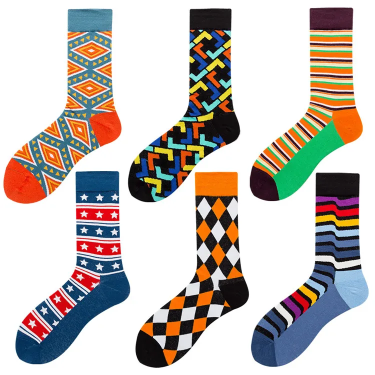

XIANGHUI Wholesale Custom Men Fashion Funny Geometric Strip Jacquard Tube Cotton  Happy Socks