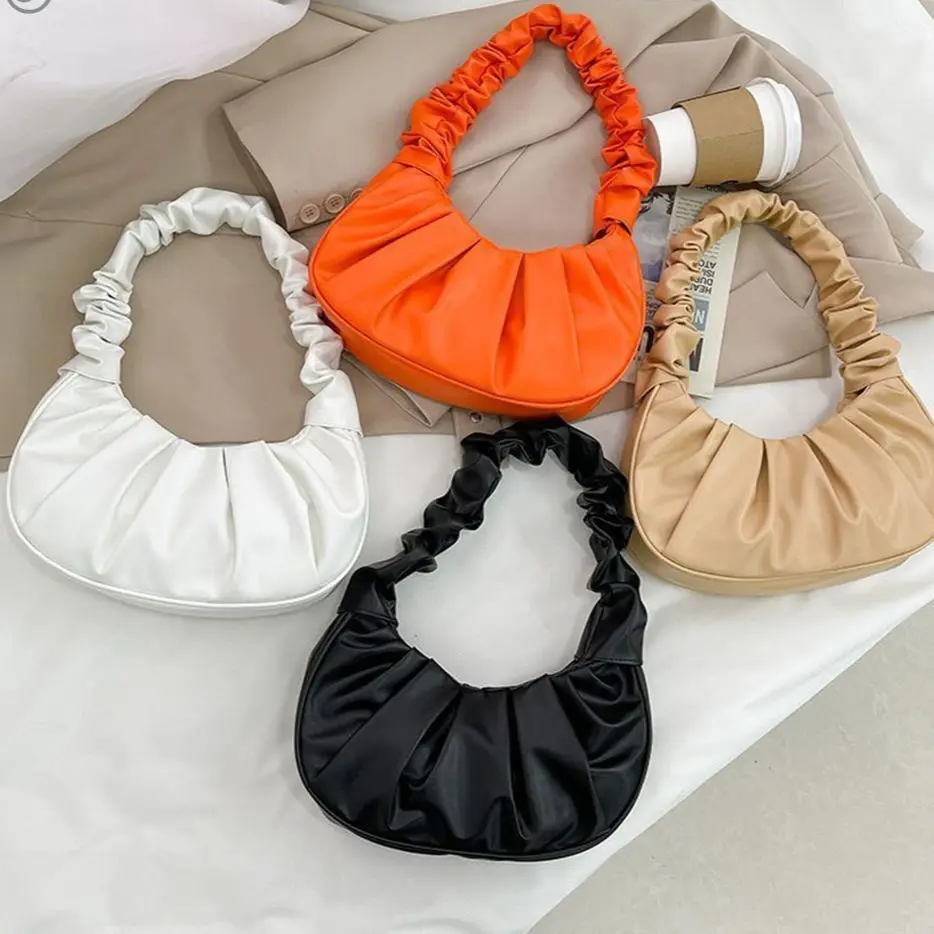 

High Quality Unique Retro Design Women Pleated Cloud Handbag Purse Bag, Black/white/orange/camel