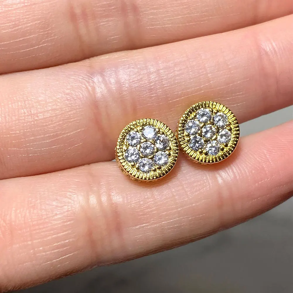 

50% Discount Hip Hop Rhinestone Crystal Micro Pave Cz Gold Color Round Cubic Zircon Earrings For Women Men Jewelry