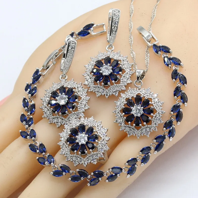 

White Gold Plated Jewelry Sets Women Dark Blue Semi-precious Necklace 925 Stamp Pendant Bracelets Earrings Rings Christmas Gift