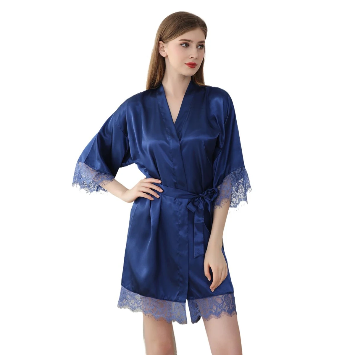 

Sexy Lace Sleepwear With Kimono Night Gown Silk Satin Kimono Middle Sleeve V Neck Short Solid Color Wholesale Robes, Customized color