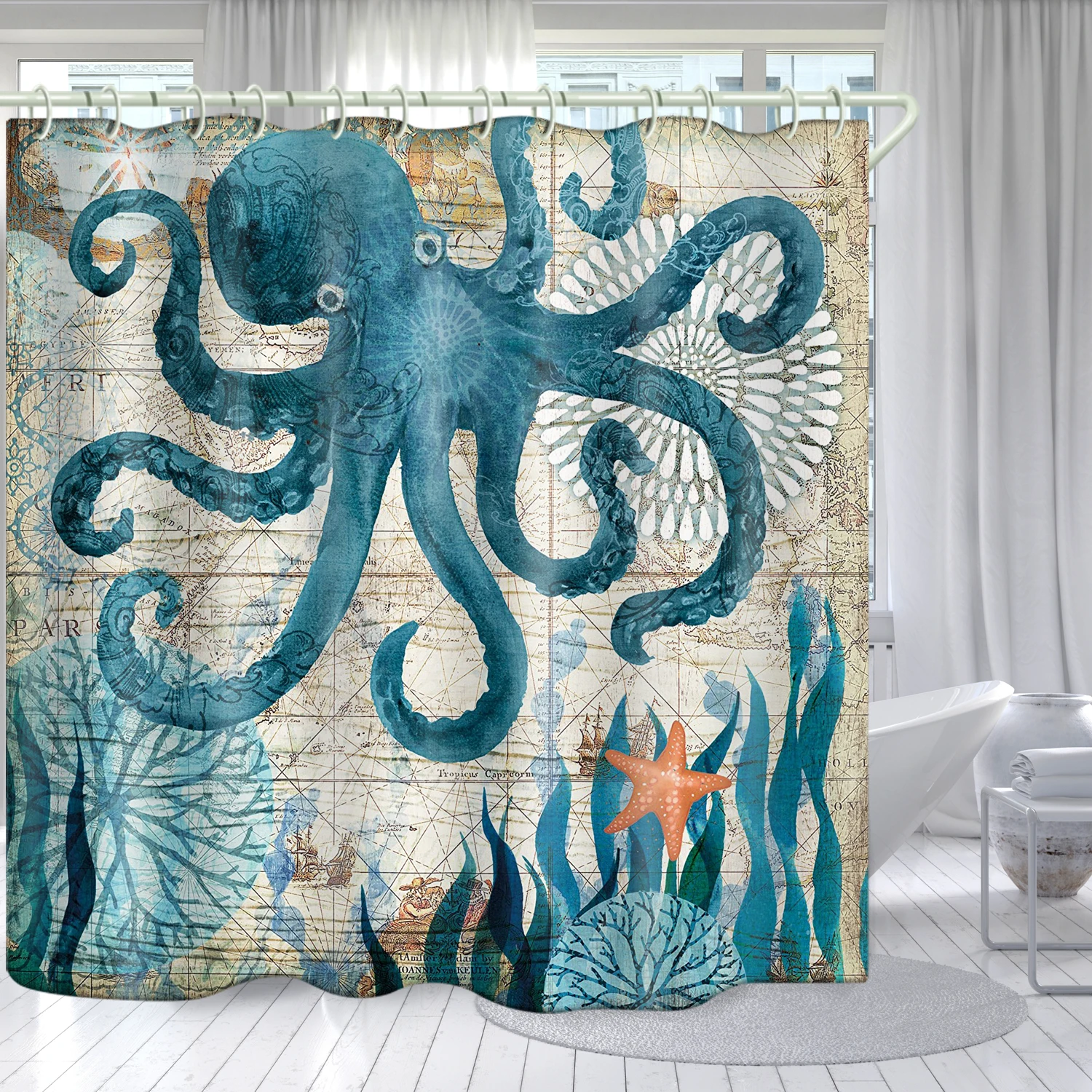 

New 3D digital printing deep sea octopus shower curtain waterproof and mildew proof with hook partition toilet bathroom curtain, Picture