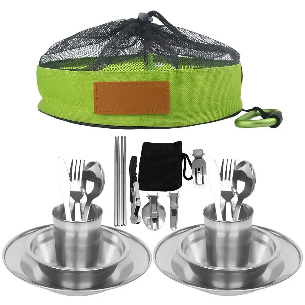 

23pcs Stainless Steel Camping Tableware Mess Kit Includes Plate Bowl Cup Spoon Fork Knife Chopsticks Carabiner Wine Opener..., Customized color