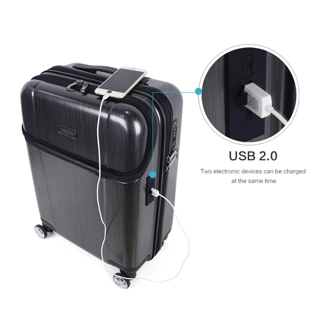 

USB Charging Multifunction travel plane boarding luggage trolley aluminum suitcase luggage, Black,grey