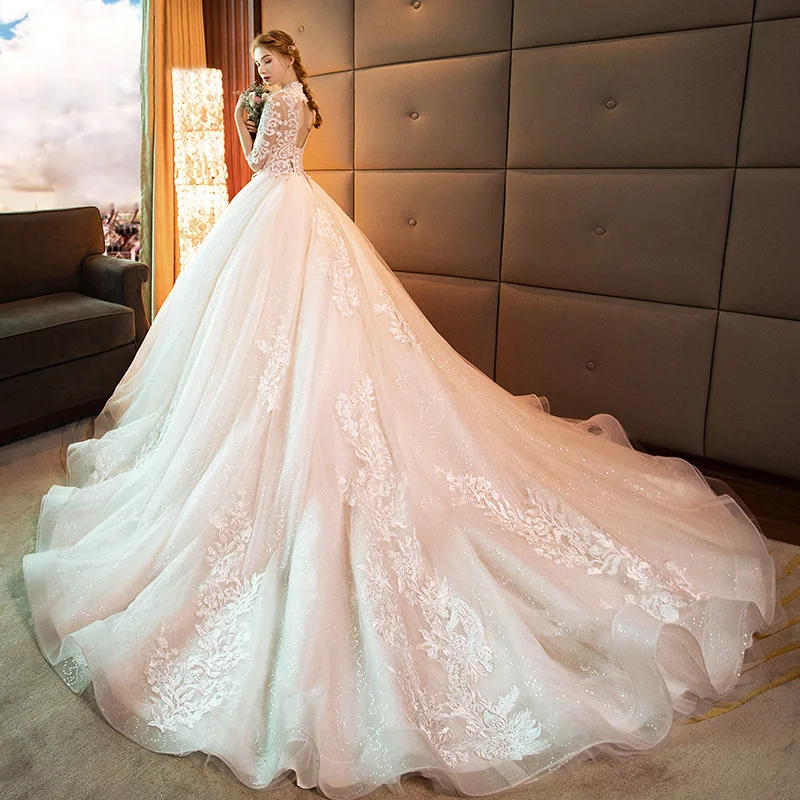 New French High-Neck Elegant Bride Dress Lace Decoration Long Tail Women Wedding Dress