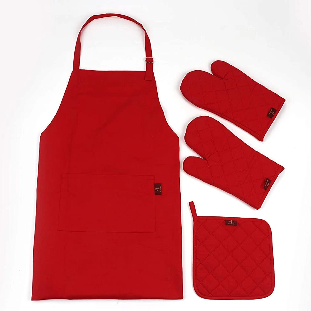 

cooking kitchen custom logo oven mitts and apron Heat Insulation Gloves with Inner Cotton, Red, black. blue, purple, etc