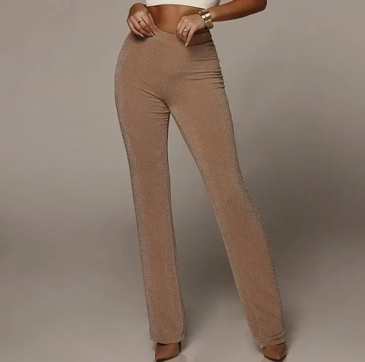 

zm10720f Ladies casual dress sexy bag buttock bell-bottom pants women's high waist gold straight trousers for women, Black, apricot