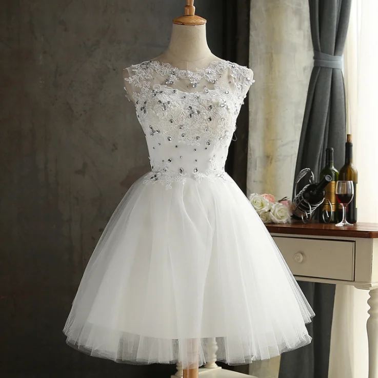 

CL1080A organza bridesmaid dress sleeveless banquet evening dress short style prom dresses, White