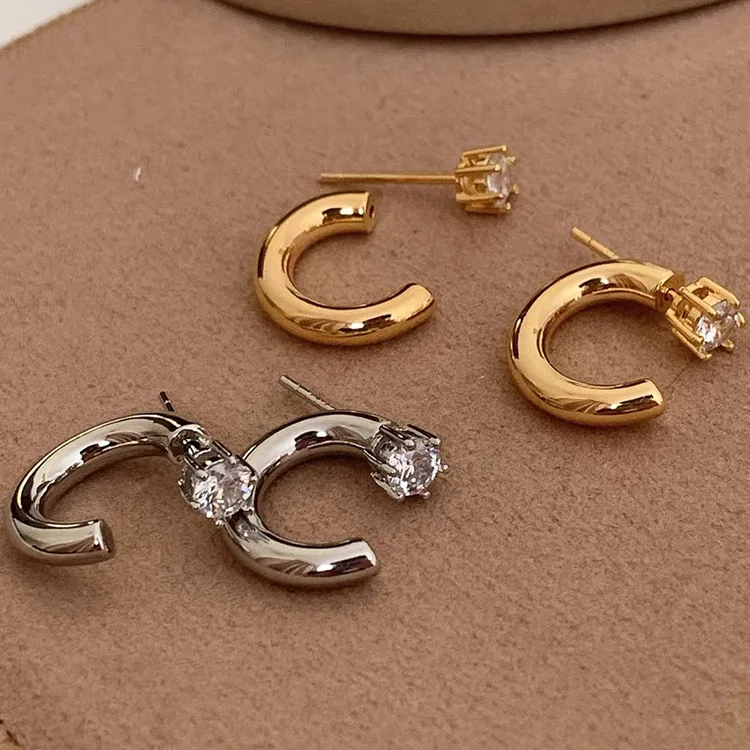 2 Styles Wearing Front Back Detachable Earrings Shiny Zircon Gold Plated Chunky Hoop Earrings Minimalist Korean Jewelry 2023 Hot