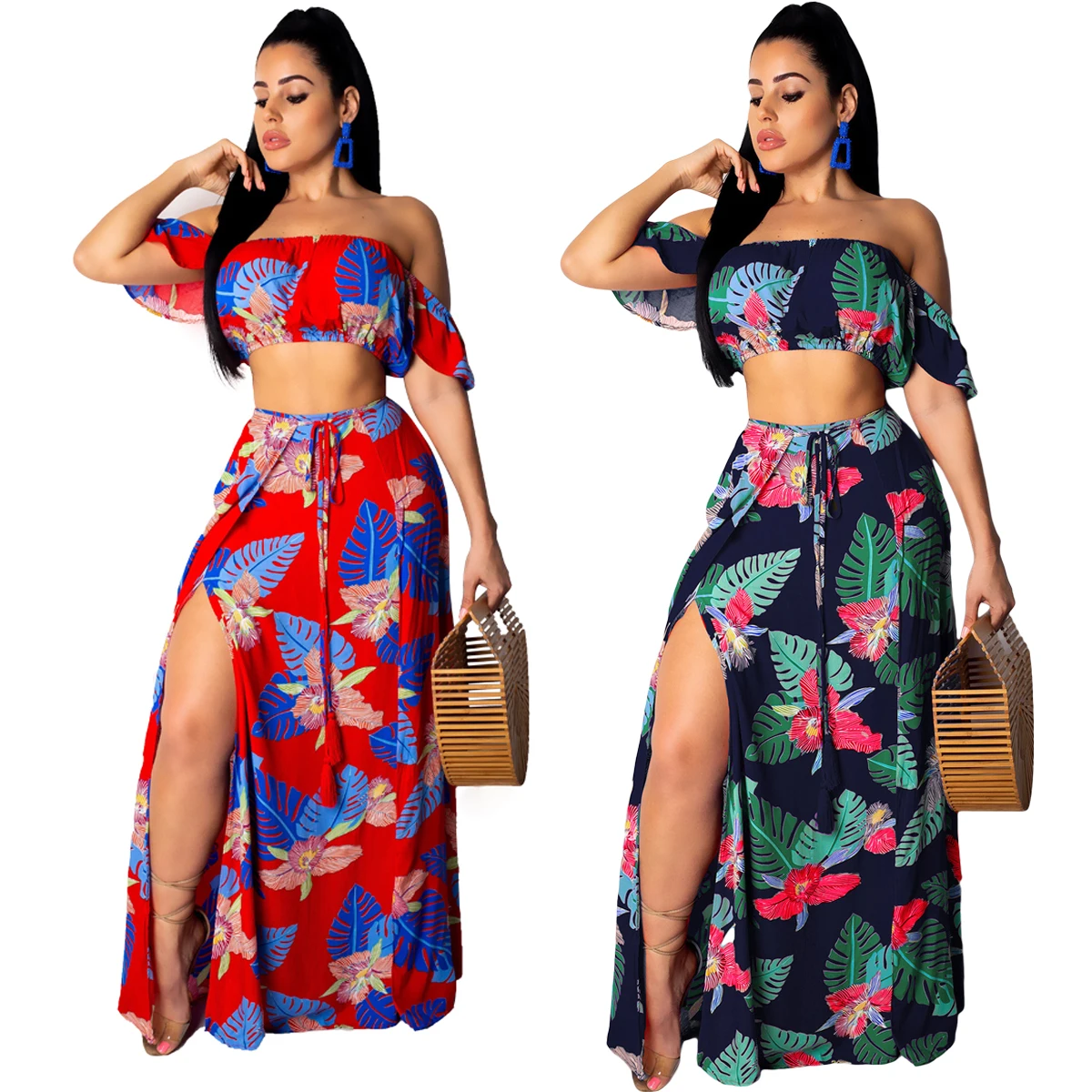 

Women's fashion print one shoulder plus size ruffled sleeve wrapped chest top and split skirt two-piece set suit, Blue
