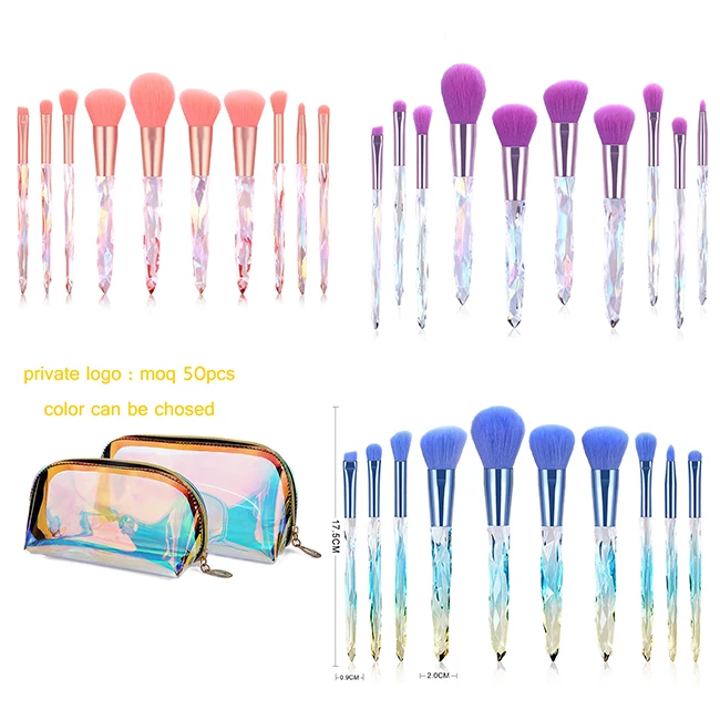 
2019 Hot Selling 10pcs Pieces Crystal Makeup Brushes Transparent Diamond Crystal Handle Makeup Brush Set <span style=