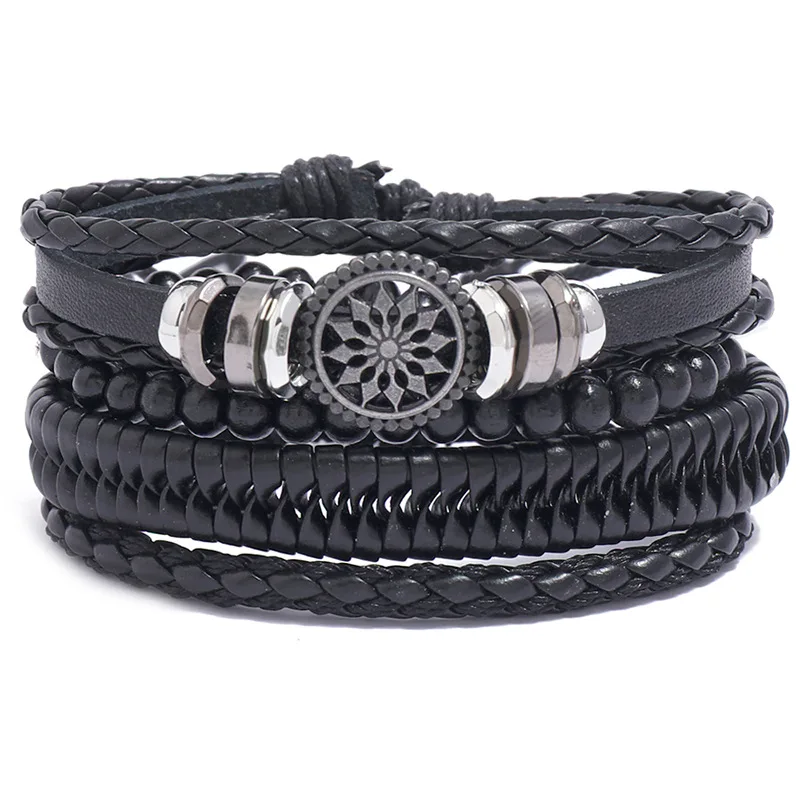 

Braided Suit Bracelet Leather Beads Personality Hand-knitted Bracelet Simple Leather Bracelet 4-piece Set Of Men's Accessories
