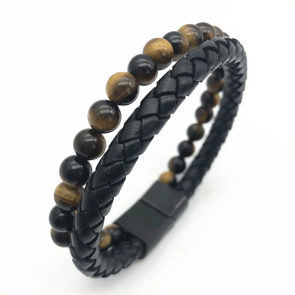 

Hot Selling Genuine Nature Stone Matte Clasp Men Beads Leather Bracelets Male, Black,customized color
