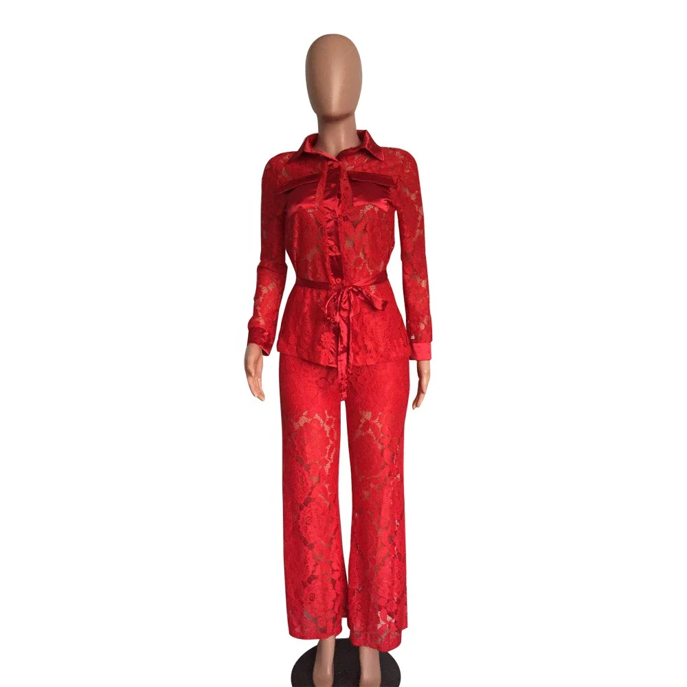 

B60536A Hot style European and American women's lace blouse and trousers two pieces sets