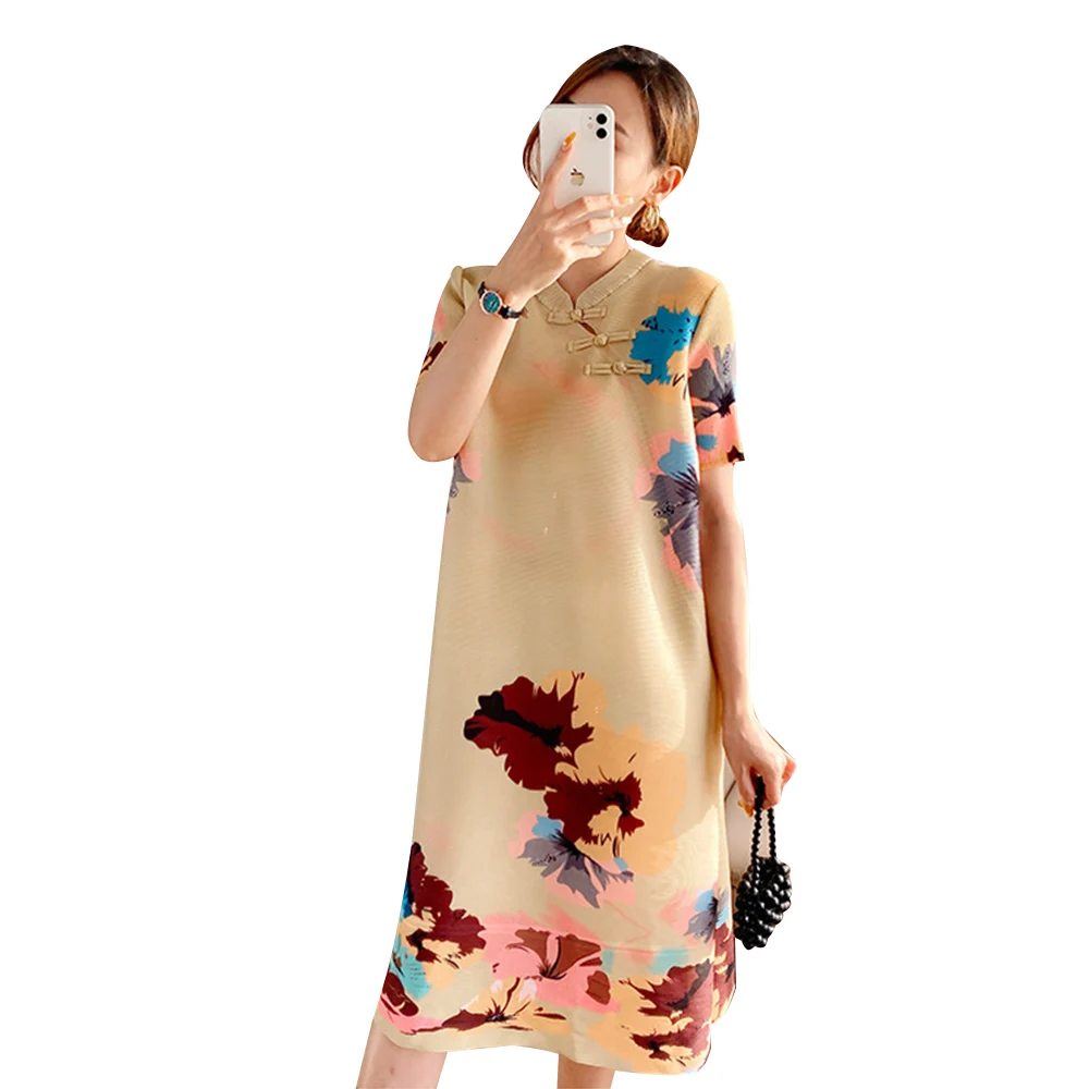 

FXZ Chinese style traditional clothing women short seelve pleated dress loos print pleat cheongsam, Customized color