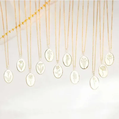 

Custom 18K Gold Plated Stainless Steel Link Chain Charm Necklaces Flower Jewelry Irregular Oval Birth Flower Pendant Necklace