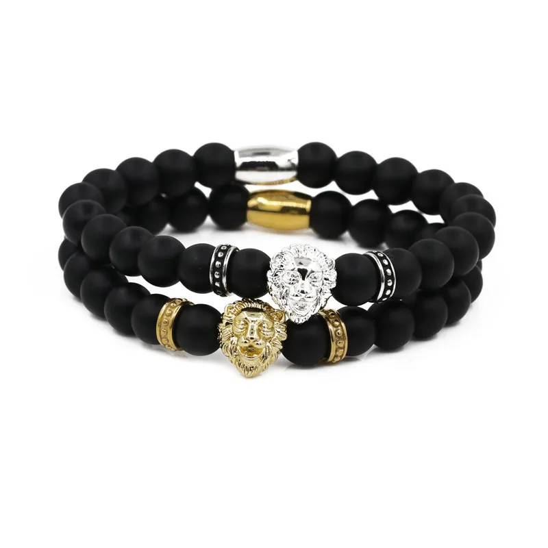 

BRS1505G natural matte onyx bead stainless steel lion head stretch mens bracelet