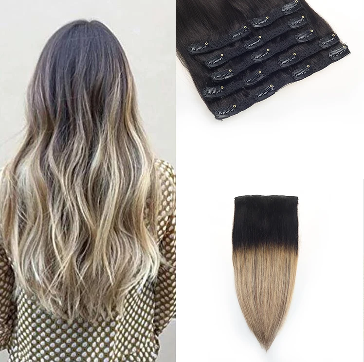 

Wholesale Factory Price In Stock Natural Raw Double Drawn Virgin Ombre Remy Clip In Hair Human Extensions