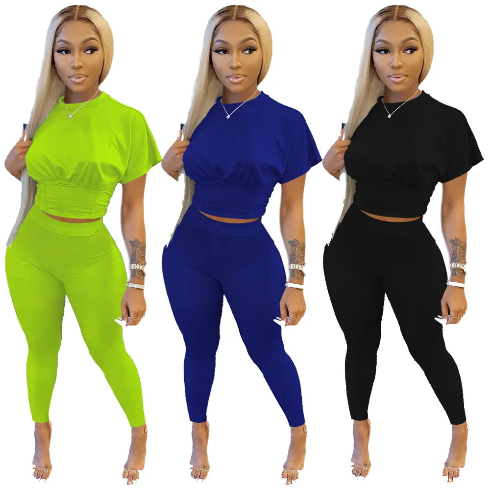 

New arrival summer 2021 short sleeve two piece pant set two piece short sleeve set plus size two piece pants set