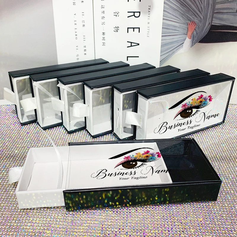 

Lashdoll Empty eyelash packaging with custom logo luxury holographic paper false eyelash packaging box, White and black lashcases