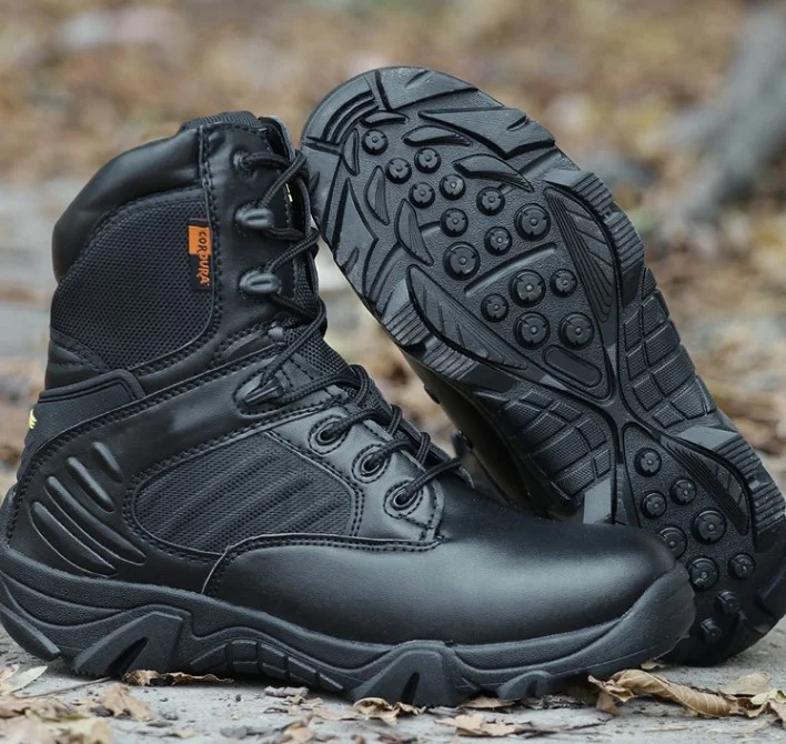 

Hot selling rubber genuine leather men tactical boots, Black