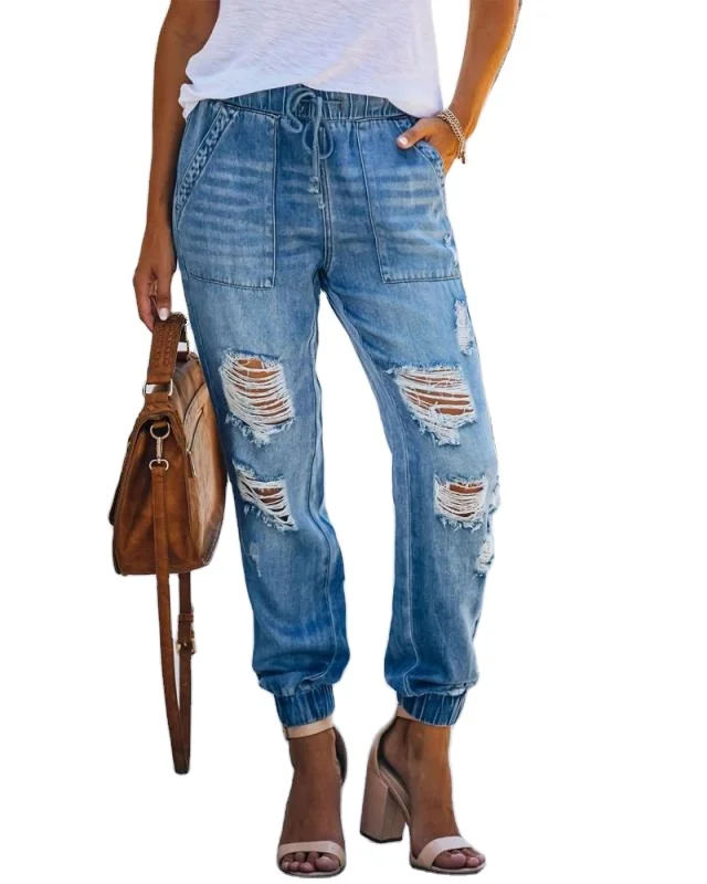 

Fashion Trend 2021 Summer High-quality Amazon Special Hot Style Elastic Waist High Waist Thin Hole Loose Jeans Women