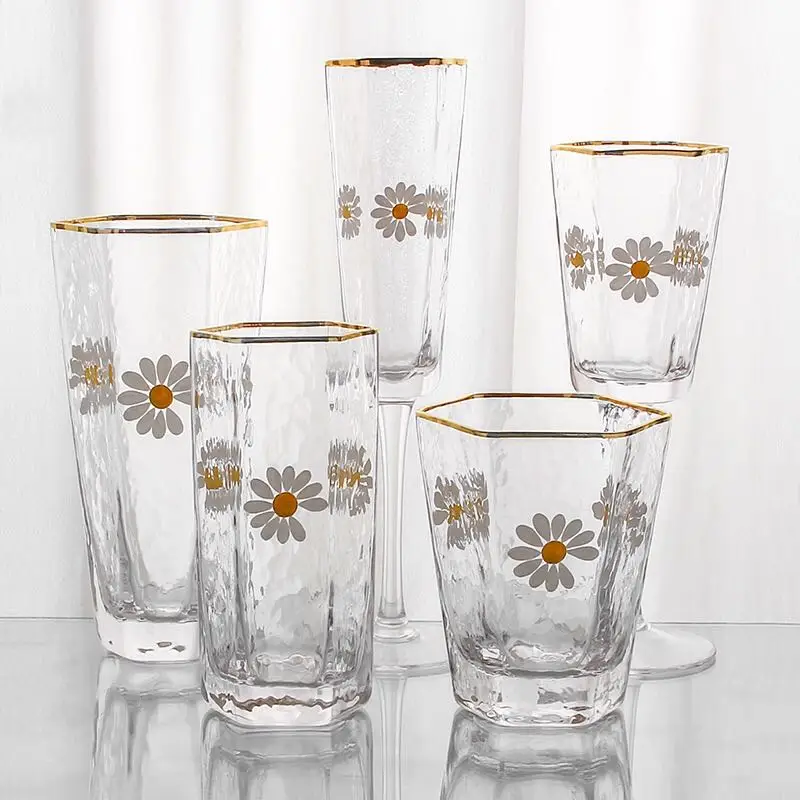 

BAISEN ins style daisy flower hexagon glass cup hammer pattern with golden rim on sale, Clear