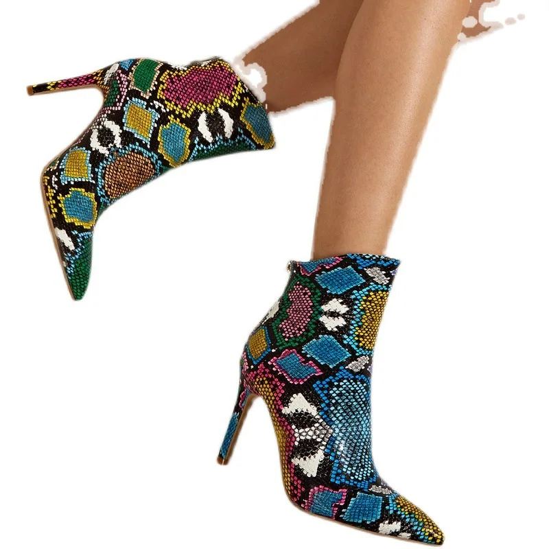 

2021 New Styles Women's Trendy Boots Pointed Toe Color Snake Print Stiletto High Heel Comfortable Women's Boots