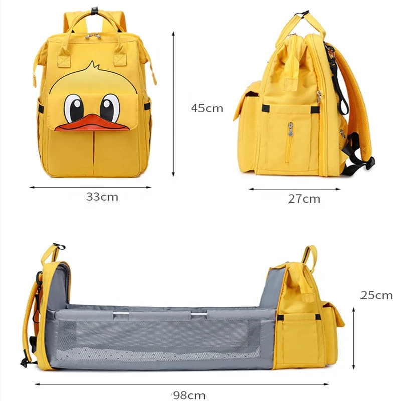 

Hot Sell 2021 multifunctional portable cartoon folding crib 3 in one multi purpose baby bag bed mummy travel backpack, Yellow