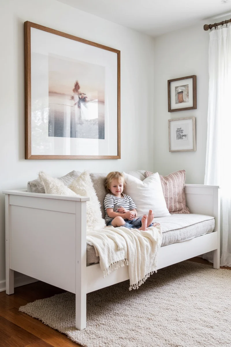 Stylish yet safe over-the-bed decor in a master bedroom with kids nearby