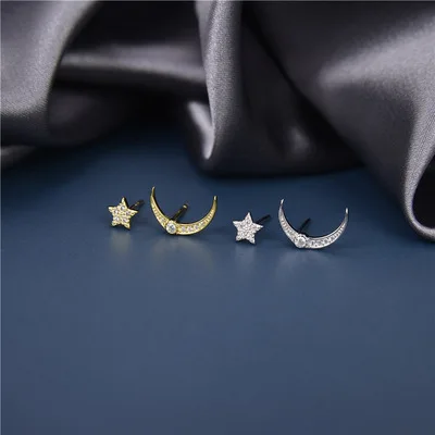 

Minimalist Women Jewelry Asymmetric Micro Pave CZ Moon Star Earrings Geometric Bling Zircon Star Moon Stud Earrings For Women