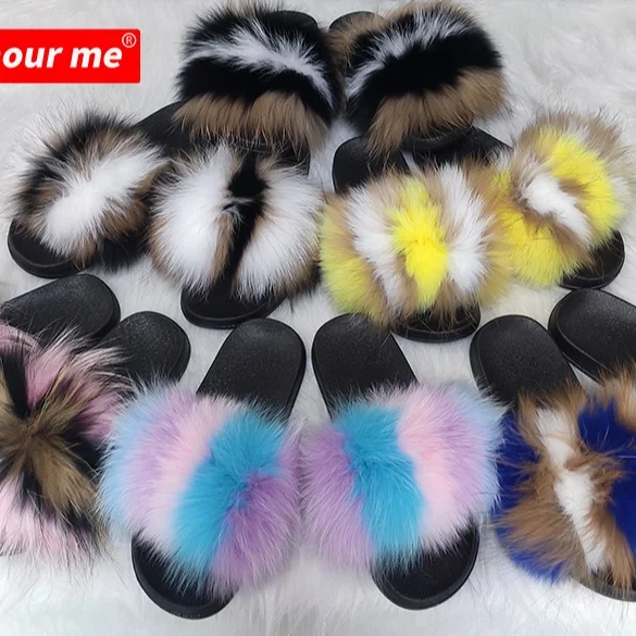 

2021 wholesale Fur slides women's slippers real fox colorful slides jelly bag kids adult soft shoes fur slippers, Customized color