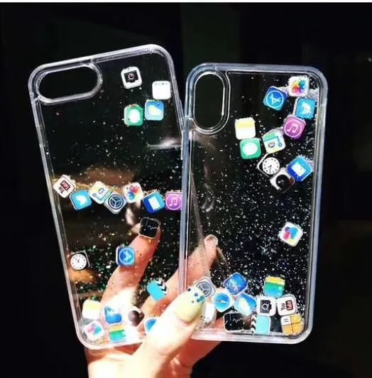 

for iphone 6 6p 7g 7p 8g 8p x xs xr xs max phone case liquid glitter with apps inside tpu pc quicksand liquid phone case, Show as picture