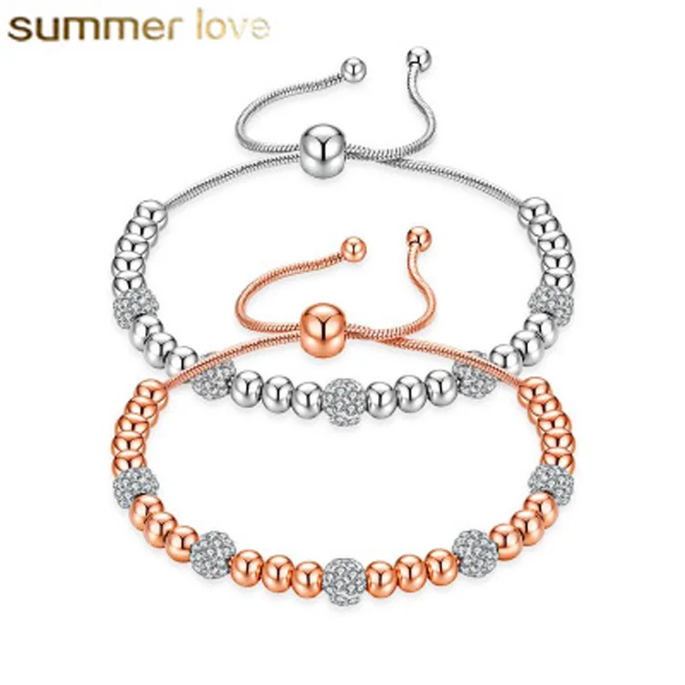 

Wholesale Fashion Cubic Zirconia Bead Bracelet Rose Gold Adjustable Beads Bracelets for Women Stainless Steel Jewelry, As picture